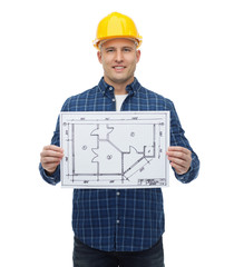 Sticker - smiling male builder in helmet with blueprint