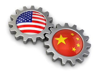 Poster - USA and Chinese flags on a gears (clipping path included)