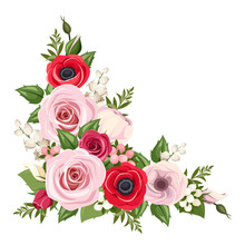Red And Pink Flowers. Vector Corner Background.