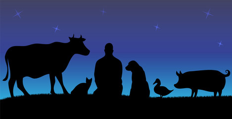 Wall Mural - Vegan man with friends animals with blue night background