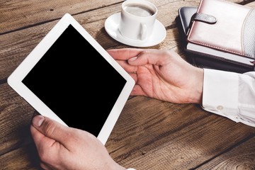 Wall Mural - Ipad. Woman shows screen of digital tablet in his hands