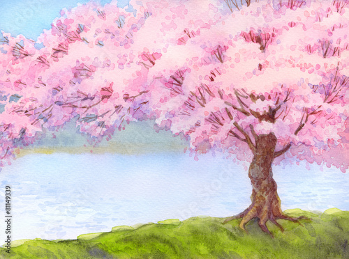 Obraz w ramie Watercolor landscape. Flowering tree by the lake