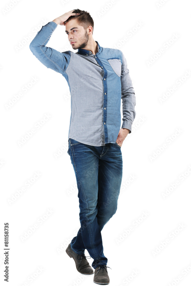 Man in blue shirt and jeans isolated on white