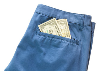 Trousers with american dollar on its pocket white background