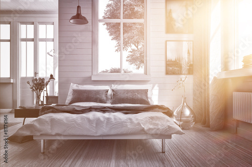 Foto Luxuriöses Schlafzimmer mit warmen Sonnenstrahl
