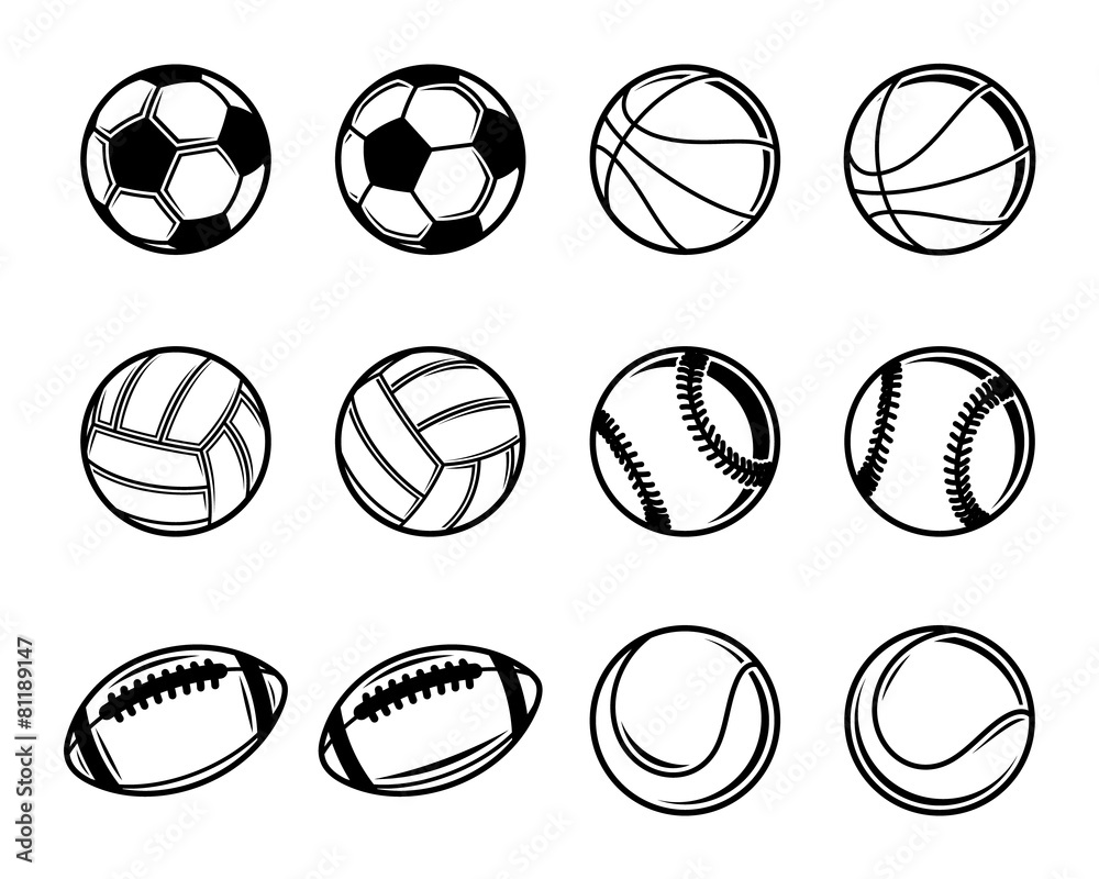 Vector Black And White Sports Balls Collection Stock Vector | Adobe Stock