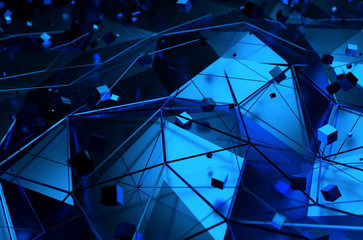 Poster - Abstract 3d rendering of blue surface with chaotic cubes.