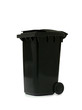 Black garbage bin on white background