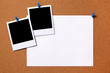 © david_franklin - Two polaroid style photo frame print pinned to a cork notice board background with blank paper poster for text or advertising