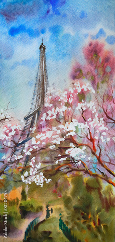 Naklejka - mata magnetyczna na lodówkę Watercolor painting landscape with blooming spring tree in Paris