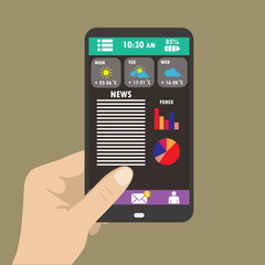 smartphone on the menu screen weather, news, forex charts