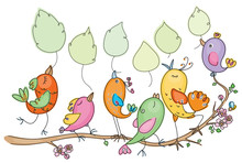 Vector Cute Birds Cartoon Holding Leaves, Place For Text Spring