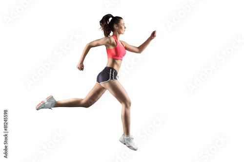 Leinwand Poster running woman isolated on white background