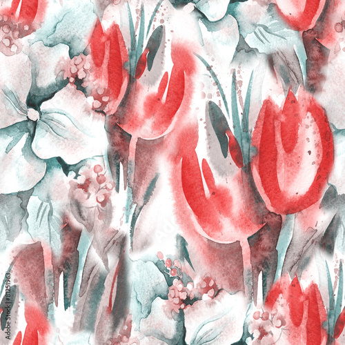 Naklejka - mata magnetyczna na lodówkę Floral Seamless Pattern with Tulips