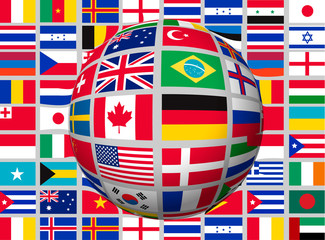 Wall Mural - Globe on a background with flags of the world. Vector.