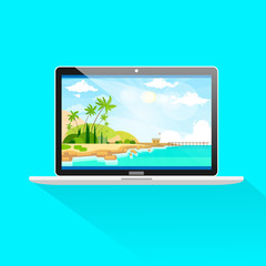 Poster - new modern laptop computer front view screen icon flat
