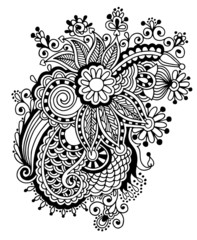 Sticker - Hand draw black and white line art ornate flower design.