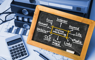 Wall Mural - online marketing concept hand drawing on blackboard