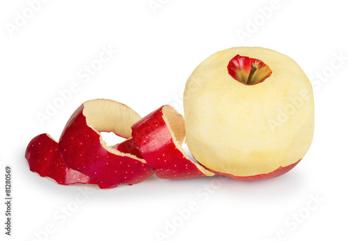 Fotografía Red apple with peeled skin like a spiral on white background