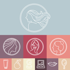 Poster - Vector woman's faces on circle emblems