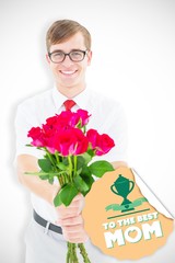 Poster - Composite image of geeky hipster offering bunch of roses