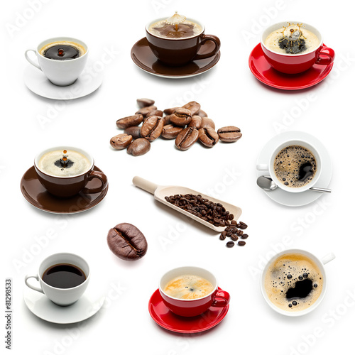 Obraz w ramie Kaffeetassen und kaffeebohnen set sammlung
