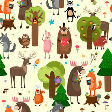 Happy Forest Animals Seamless Pattern Background