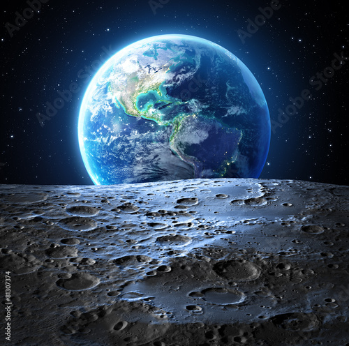 Plakat niebieski widok ziemi z powierzchni Księżyca - Usa
