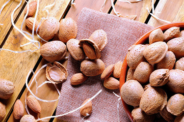 Group of almonds on a table in the field top view