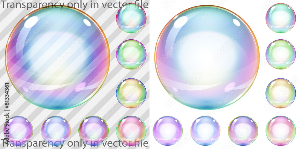 Set of multicolored transparent and opaque soap bubbles - obrazy, fototapety, plakaty 