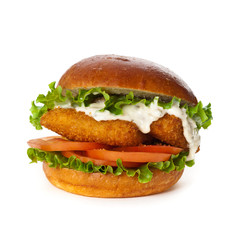 Fish burger on white background. Selective focus.