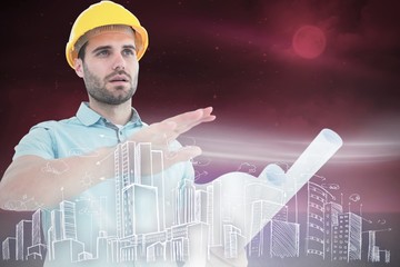 Poster - Architect with blueprint gesturing