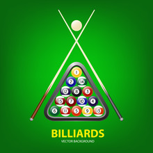 Vector Background With Billiards Balls, Triangle And Two Cues