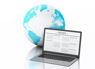 Poster - 3d Laptop with news and earth globe. Media concept