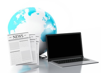 Poster - 3d Laptop with news and earth globe. Media concept