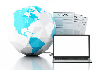 Poster - 3d Laptop with news and earth globe. Media concept