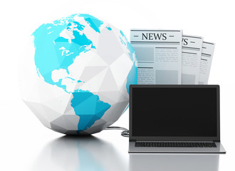Poster - 3d Laptop with news and earth globe. Media concept