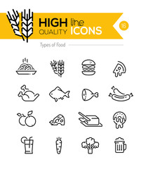 Types of Food line Icons including: meat, grain, dairy etc..