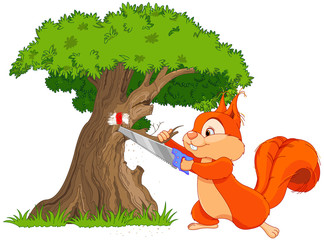 Wall Mural - Funny squirrel saws tree branch