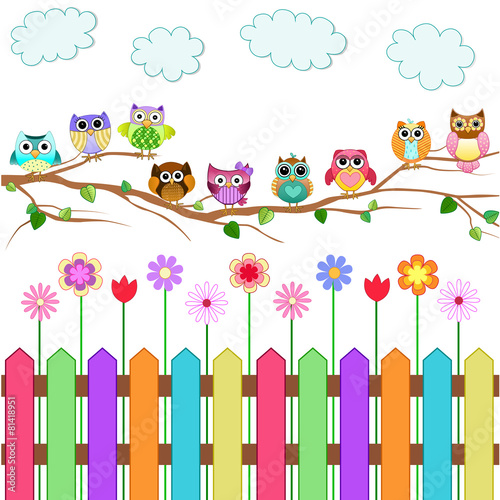 Naklejka na szybę Cute Owls on a Branch Vector