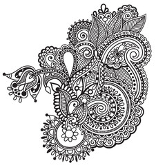 Sticker - black line art ornate flower design, ukrainian ethnic style