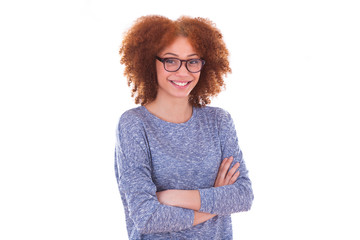 Happy young hispanic teenage girl isolated on white background