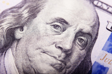 Portrait of Benjamin Franklin from one hundred dollars bill new