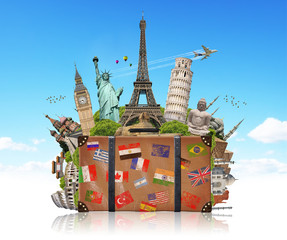 Fototapete - illustration of a suitcase full of famous monument