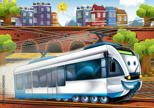 Obraz w ramie Cartoon fast train - train station - illustration