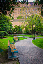 Benches Along A Walkway At Maguire Gardens, In Downtown Los Ange