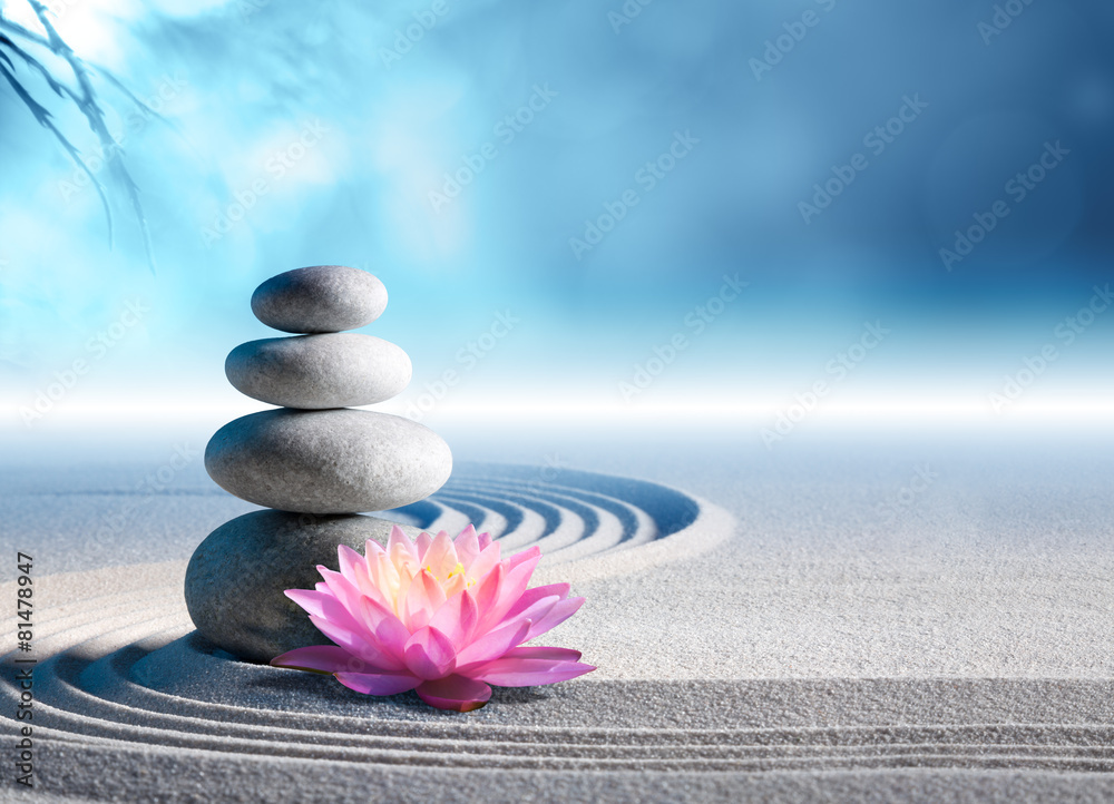 sand, lily and spa stones in zen garden - obrazy, fototapety, plakaty 