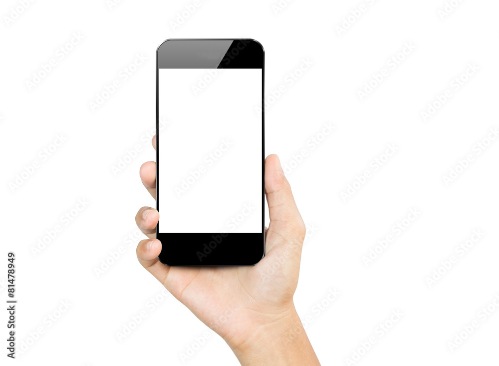 closeup hand hold smartphone mobile isolated on white - obrazy, fototapety, plakaty 