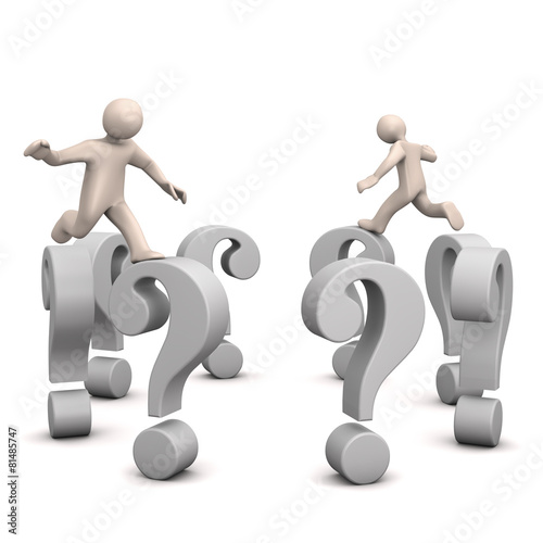 FAQ, Cartoon Männchen springen auf Fragezeichen, 3D rendering Stock ...