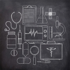 Wall Mural - set of different medical elements on chalkboard.